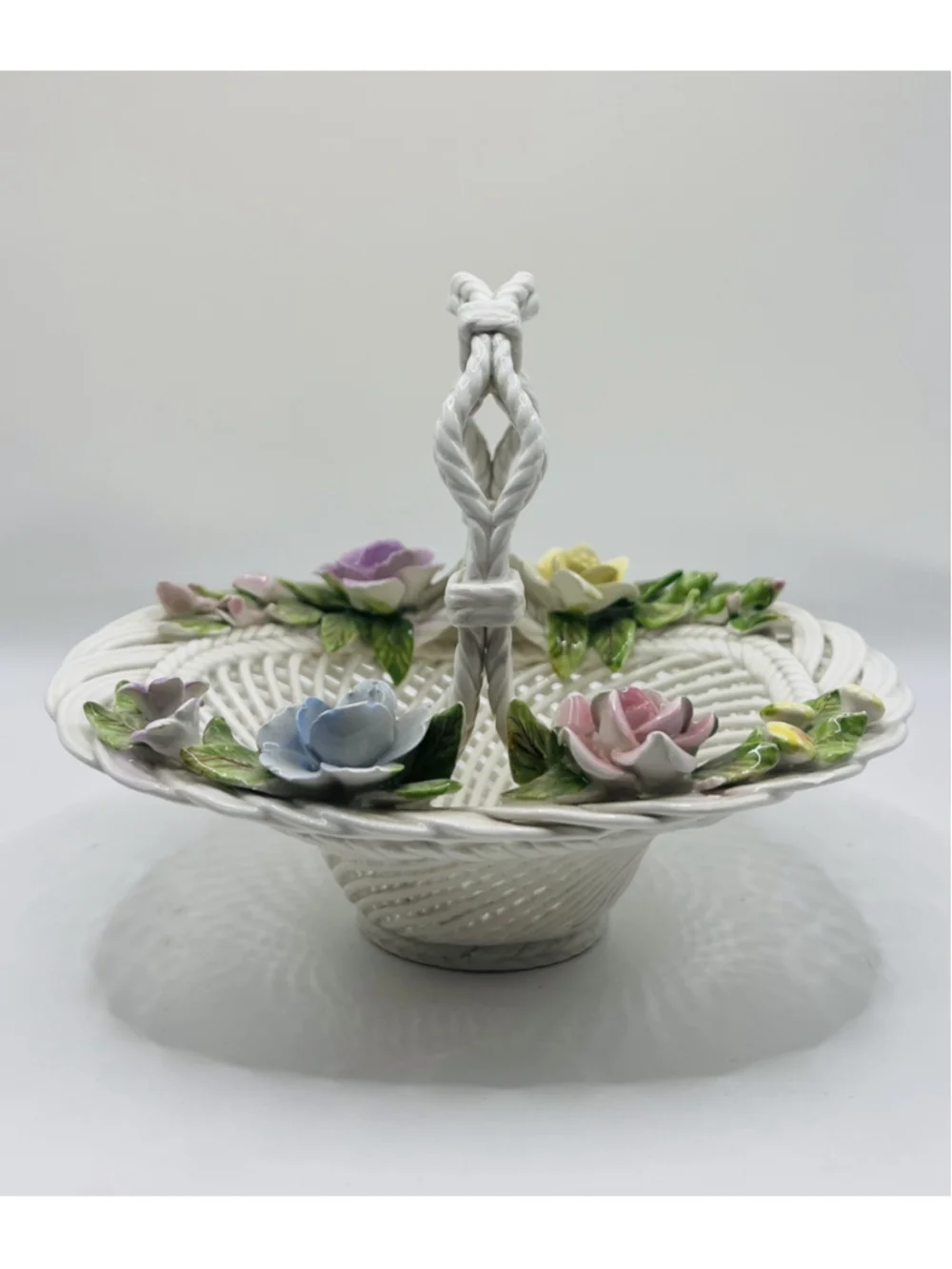 Vintage Spanish Woven Porcelain Basket White 3D Floral Pastel Made In Spain